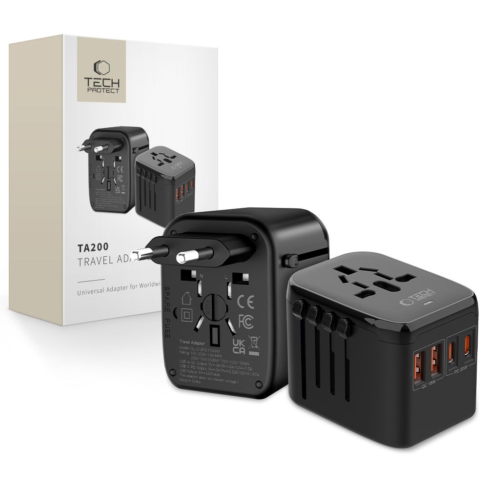 Tech-Protect TA200 EU / UK / US / AU Sovitin - Musta