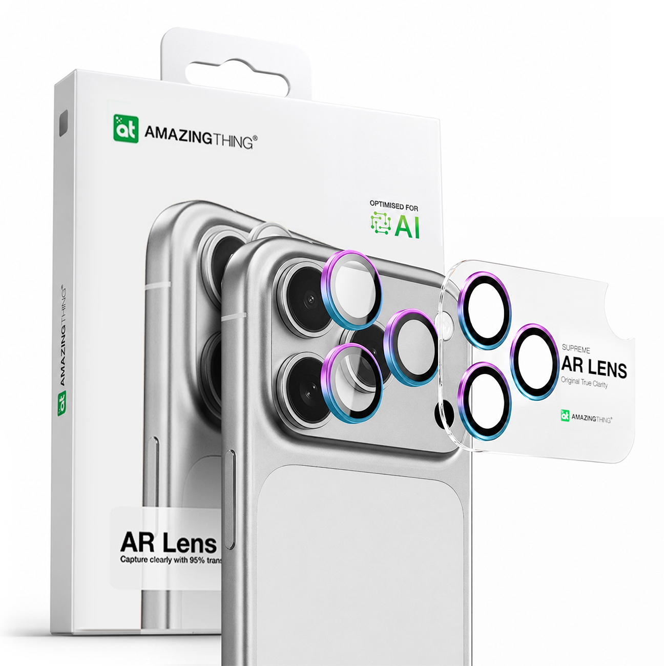 AmazingThing Linssilasi iPhone 17 Pro / Pro Max:lle sateenkaari-alumiinikehyksellä