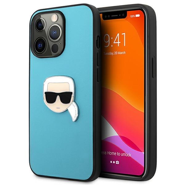 Karl Lagerfeld KLHCP13XPKMB iPhone 13 Pro Max 6,7" sininen kova kotelo Leather Ikonik Karl`s Head Metal