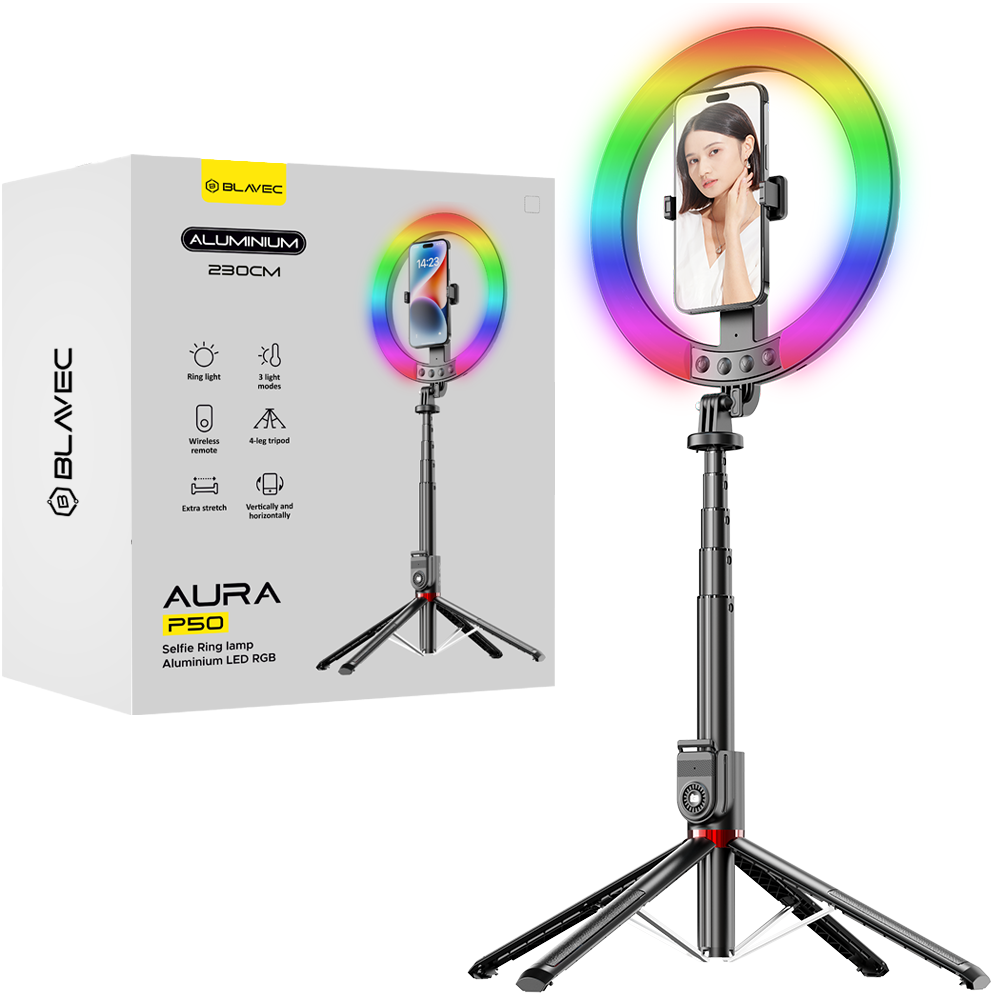 Blavec selfie-rengasvalo Aluminium Aura LED RGB rengas P-50 25cm kolmijalka + kaukosäädin + 2,3 m (RLP50-TRB23) musta