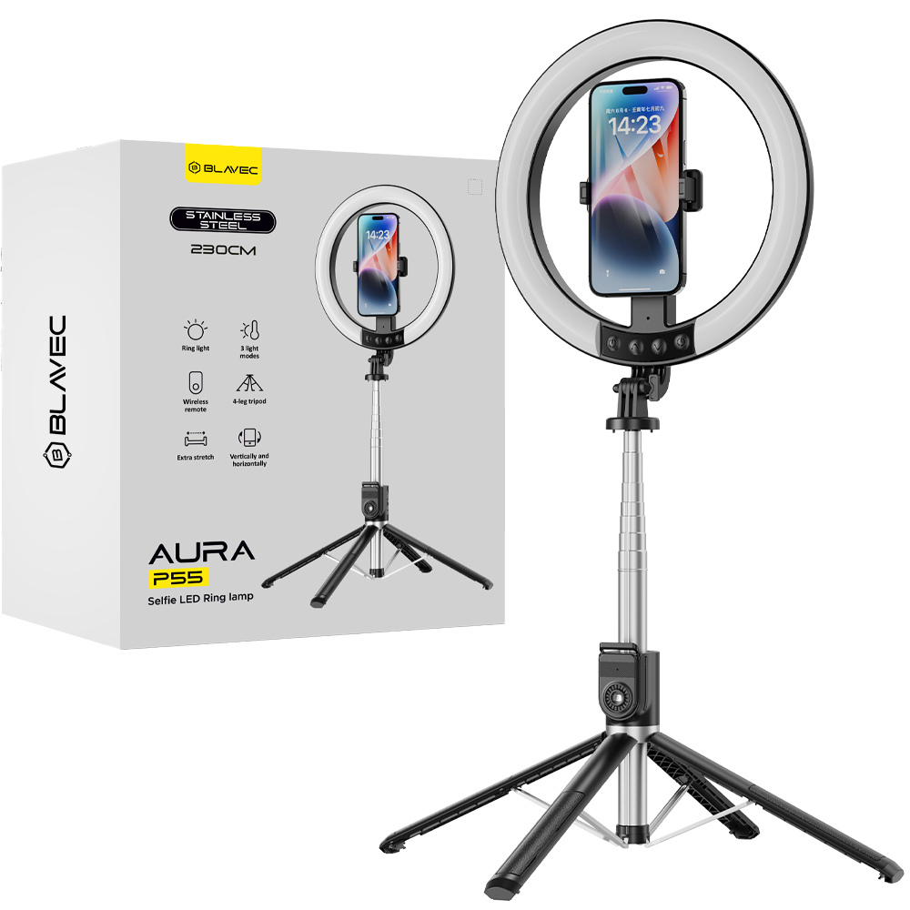 Blavec selfie-rengasvalo Aura LED rengas P-55 25cm kolmijalka + kaukosäädin + 2,3 m (RLP55-TRB23) musta