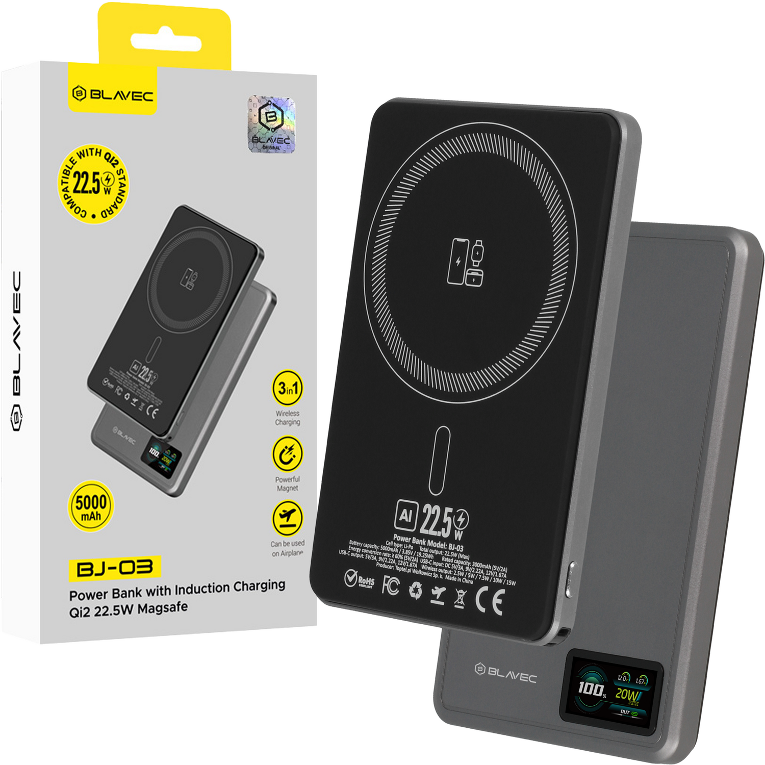 Blavec Power Bank 5000mAh BJ-03 Ultra Slim 7,8mm - Type C - 22,5W magnetic Magsafe 3 in 1 (PBBJ03-MC5G) grey aluminum