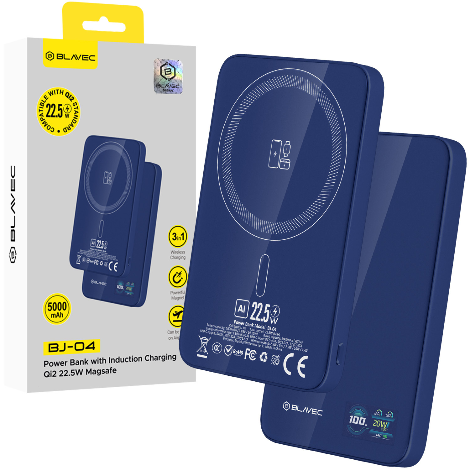 Blavec Power Bank 5000mAh BJ-04 Ultra Slim 7,8mm - Type C - 22,5W magnetic Magsafe 3 in 1 (PBBJ04-MC5N) navy glass