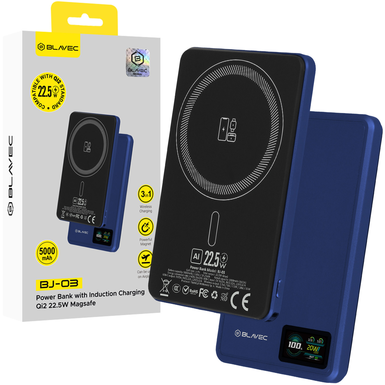 Blavec Power Bank 5000mAh BJ-03 Ultra Slim 7,8mm - Type C - 22,5W magnetic Magsafe 3 in 1 (PBBJ03-MC5N) navy aluminum