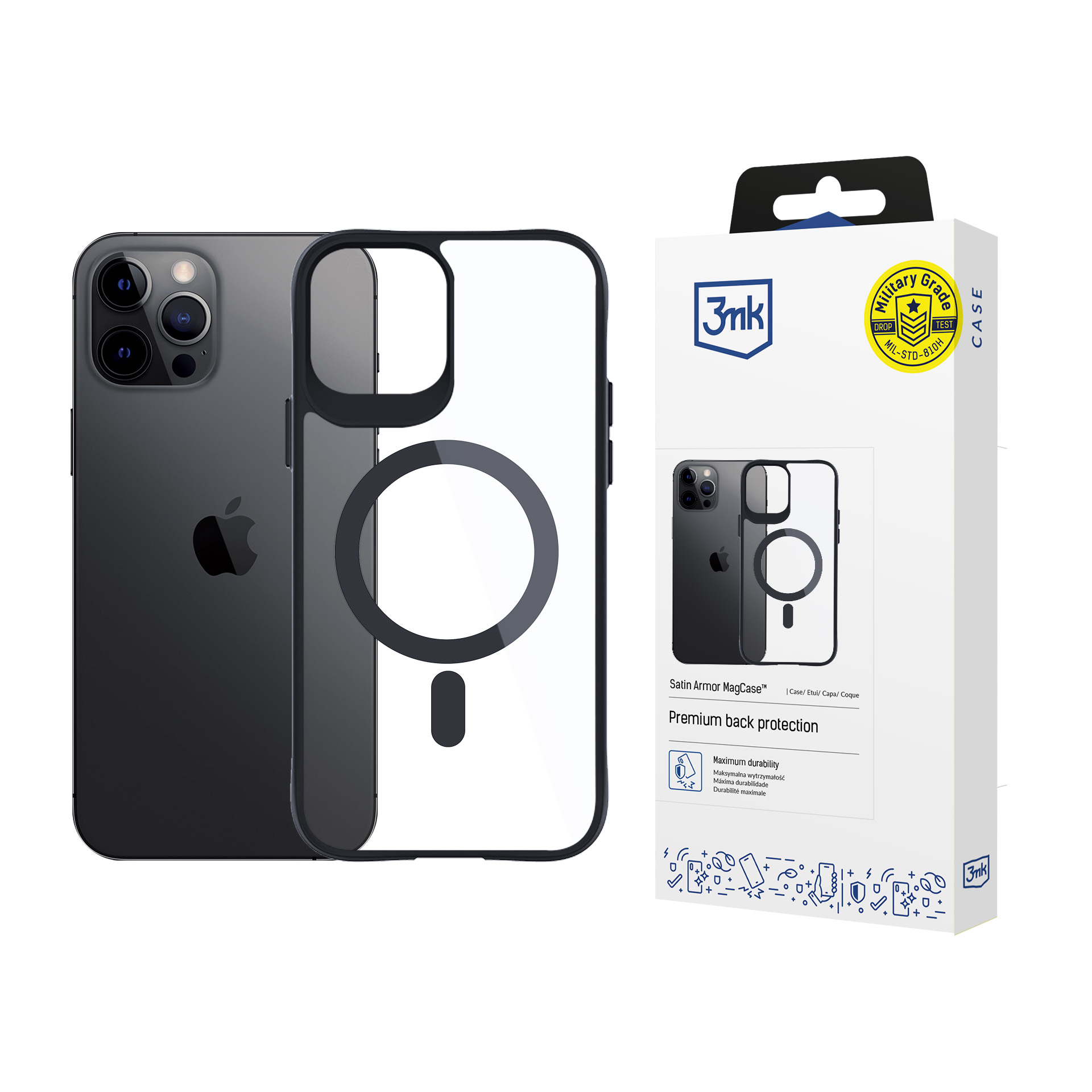 3mk Satin Armor MagCase MagSafe-suojakuori iPhone 12 Pro Max:lle - kirkas mustalla kehyksellä