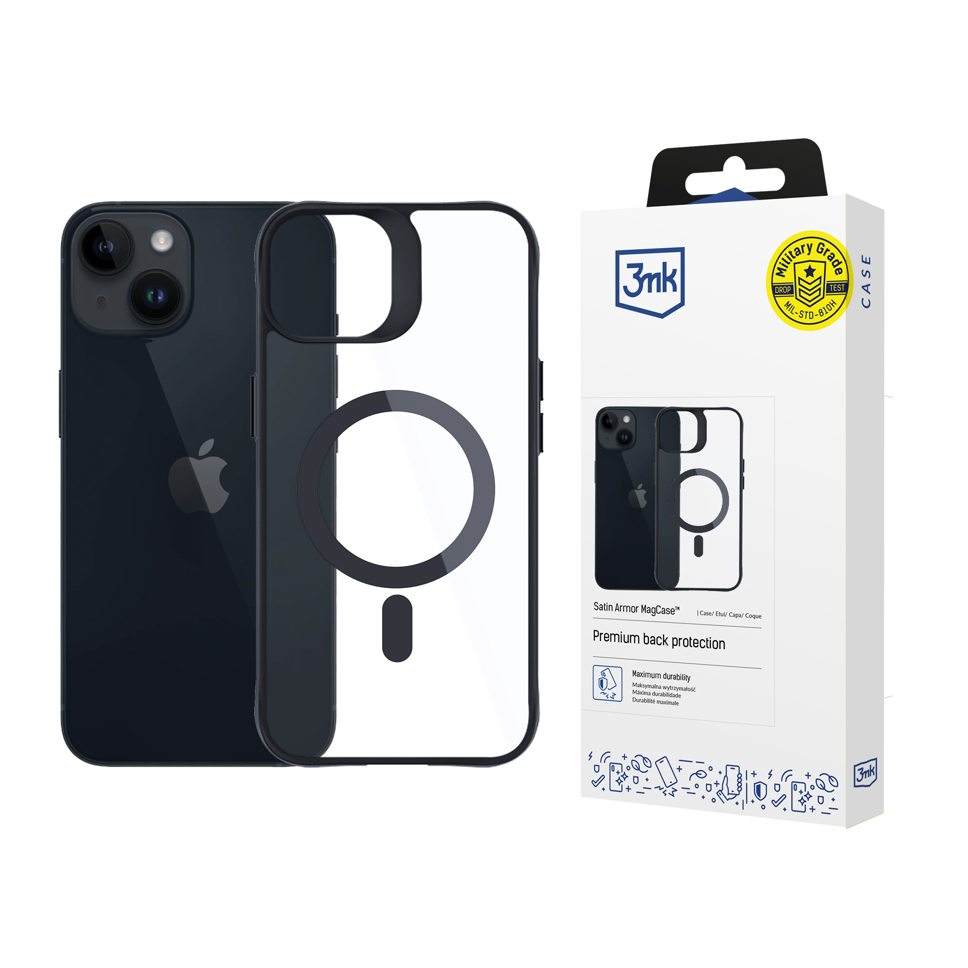 3mk Satin Armor MagCase MagSafe-suojakuori iPhone 13 / 14:lle - läpinäkyvä mustalla kehyksellä