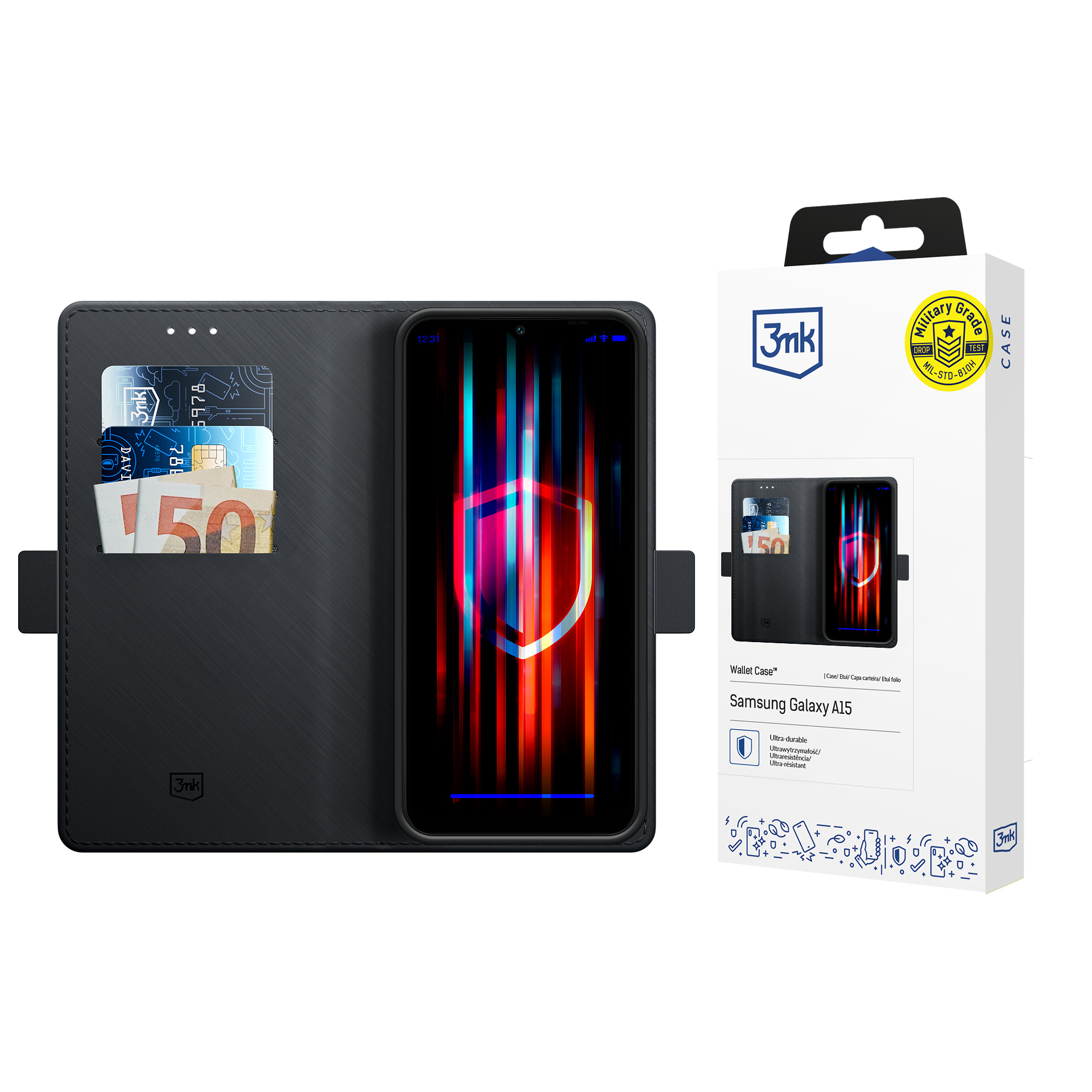 3mk Wallet Case Flip-lompakkosuojakuori Samsung Galaxy A15 5G:lle - musta