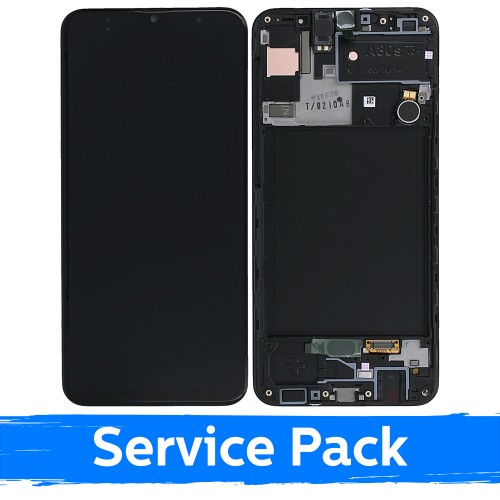 Samsung A307 A30s -mallin kanssa yhteensopiva LCD-näyttö, musta, kehyksellä (huoltopaketti)