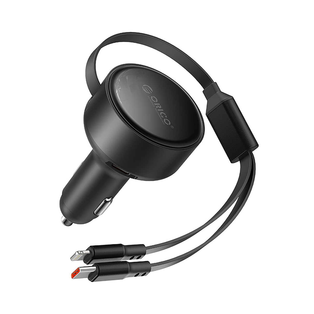Orico Dual Stretch 60W USB-C autolaturi kahdella sisäänvedettävällä USB-C + Lightning kaapelilla - musta