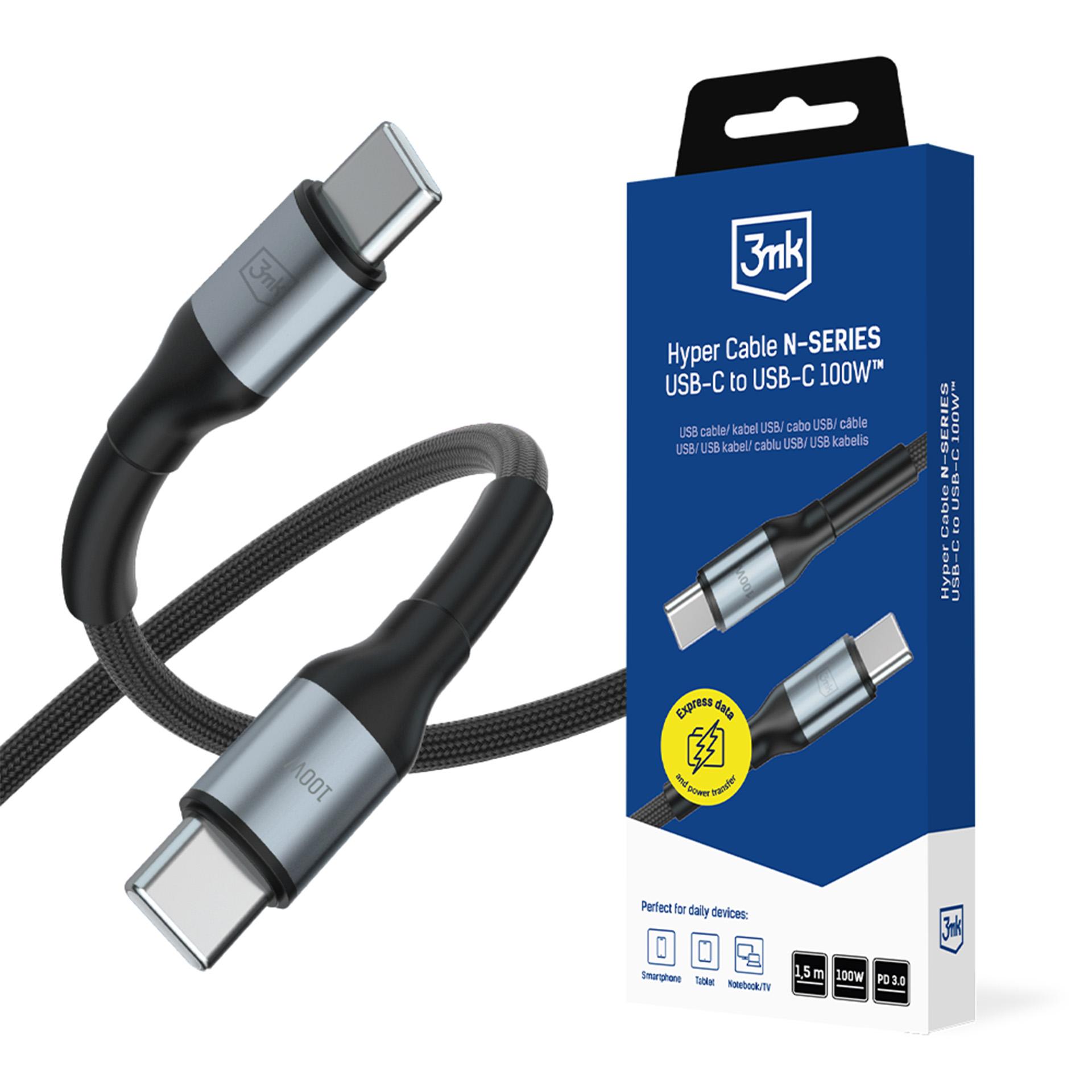 3mk Hyper Cable N-SERIES USB-C / USB-C 1.5m PD 3.0 QC 3.0 20V / 5A 100W - musta