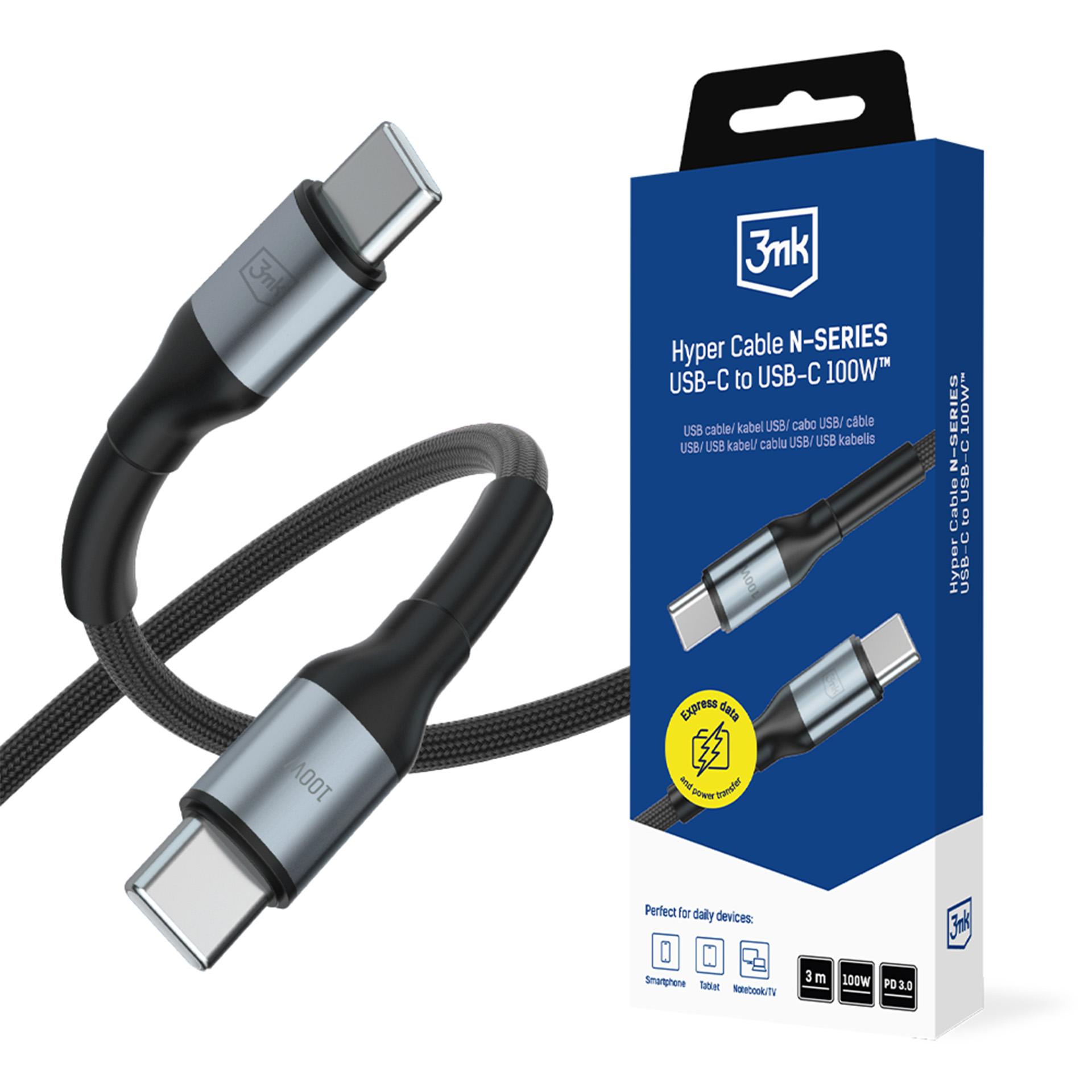 3mk Hyper Cable N-SERIES USB-C / USB-C 3m PD 3.0 QC 3.0 20V / 5A 100W - musta