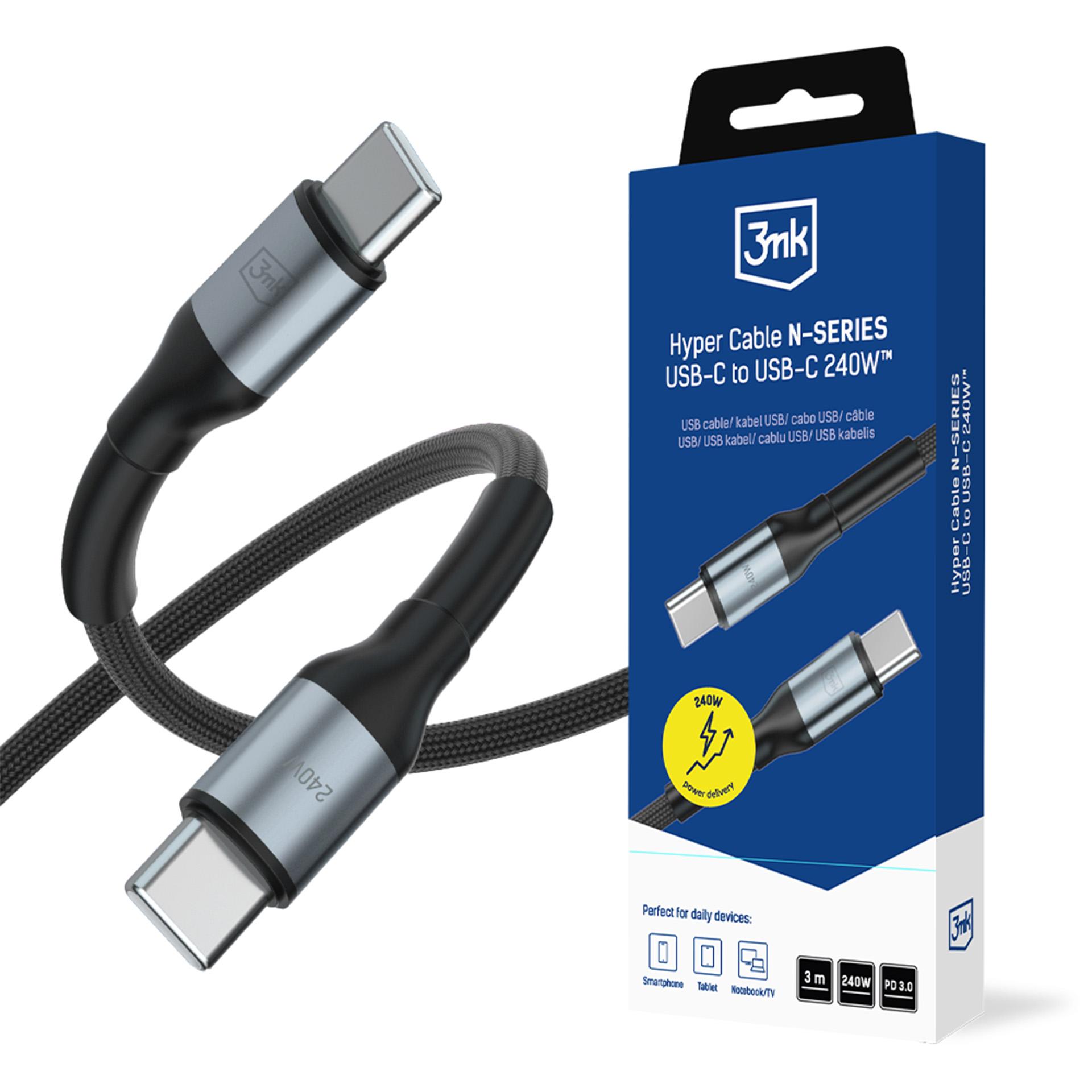 3mk Hyper Cable N-SERIES USB-C / USB-C 3m PD 3.0 QC 3.0 48V / 5A 240W - musta