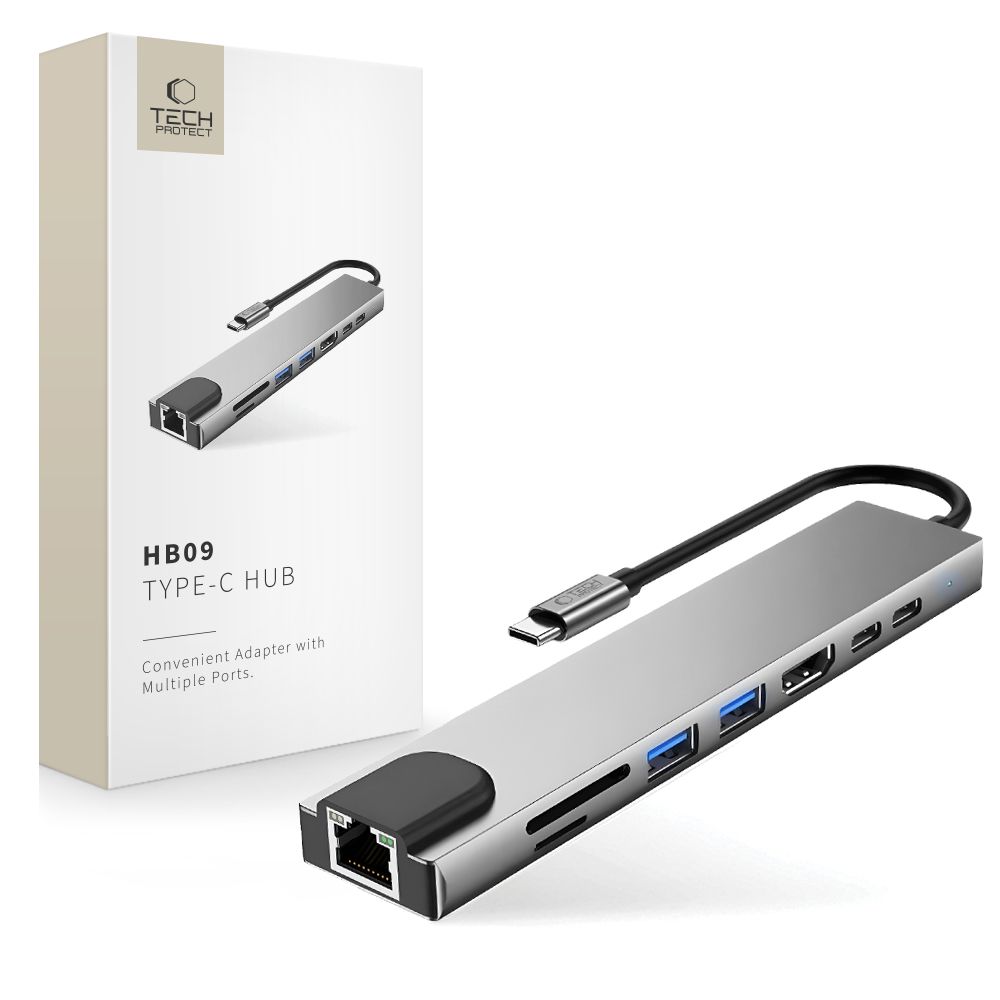 Tech-Protect HB09 USB-hubi 8in1 TYPE-C + USB-A 3.0 + USB-C 3.0 + HDMI 4K 60HZ + SD/TF + PD100W + RJ45 1000 MB/S - harmaa