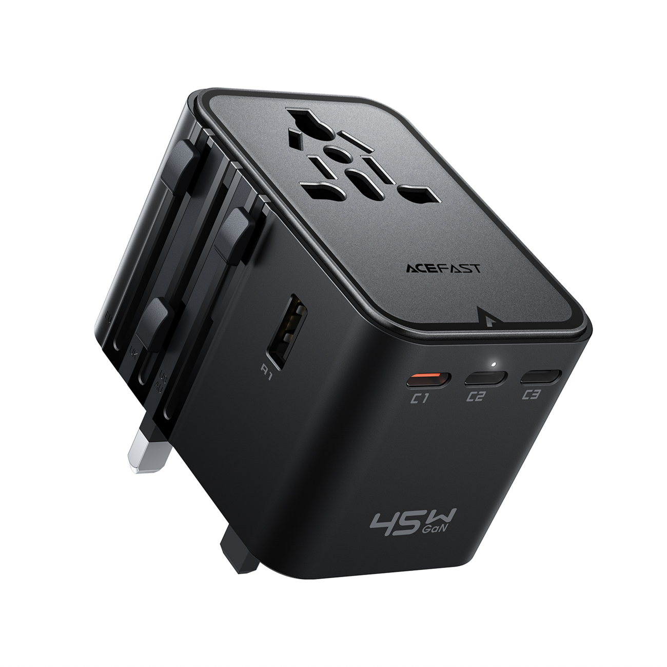 Acefast Z8 GaN 45W matka-sovitin 3x USB-C + 2x USB-A matka-verkkolaturi 2500W AC-pistorasialla - musta