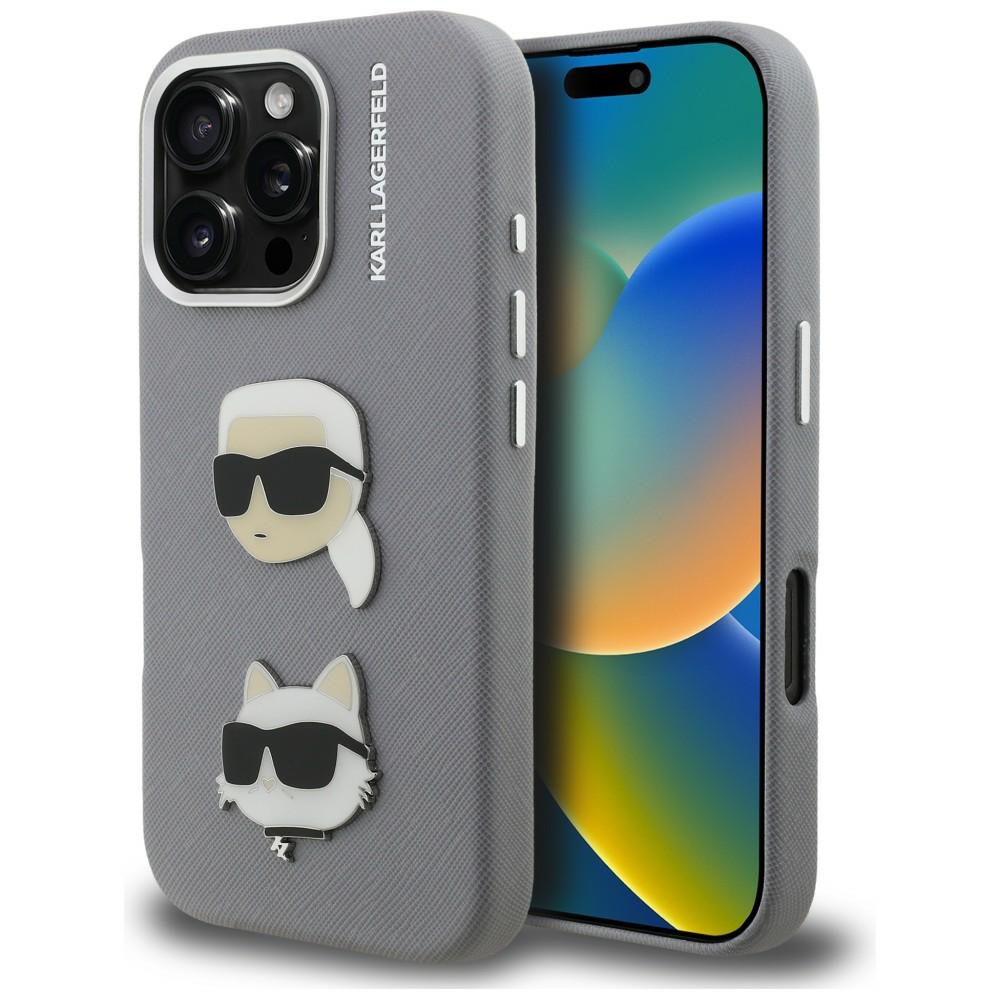 Karl Lagerfeld FW Grained Karl & Choupette Heads Pins Suojakuori iPhone 16 Pro - harmaa