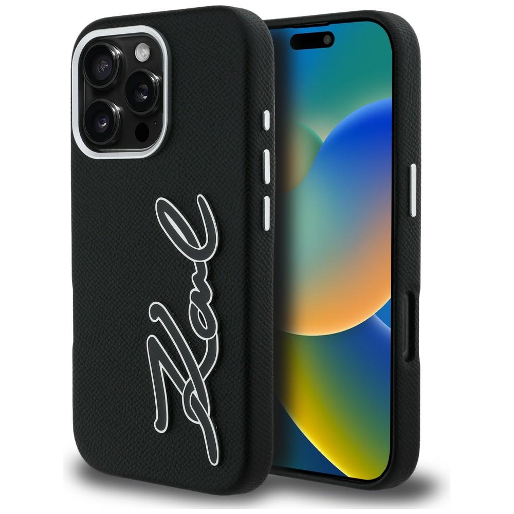 Karl Lagerfeld FW Grained Signature Logo Suojakuori iPhone 16 Pro Max - musta