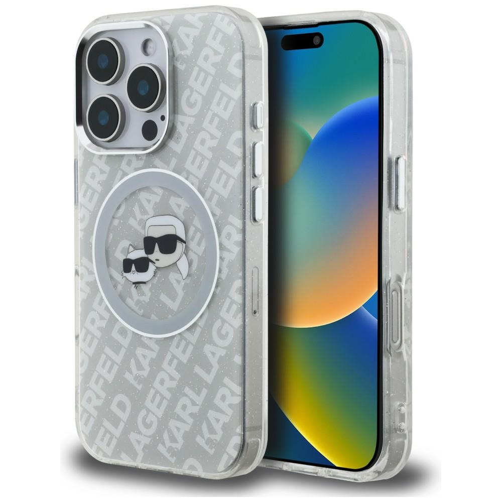 Karl Lagerfeld IML Glitter Karl & Choupette Heads Logo MagSafe suojakuori iPhone 16 Pro Max - harmaa