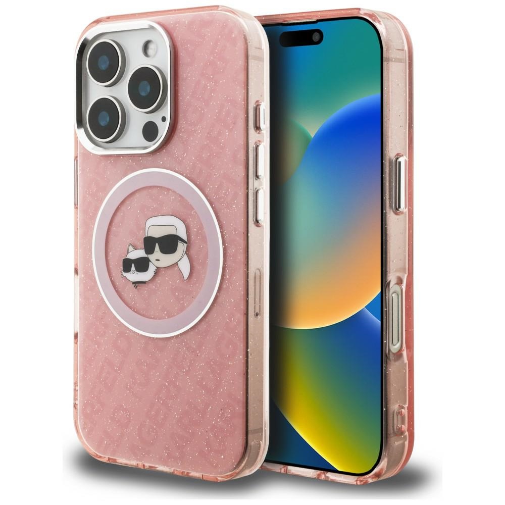 Karl Lagerfeld IML Glitter Karl & Choupette Heads Logo MagSafe suojakuori iPhone 16 Pro - vaaleanpunainen