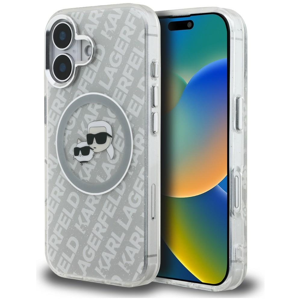Karl Lagerfeld IML Glitter Karl & Choupette Heads Logo MagSafe suojakuori iPhone 16 - harmaa