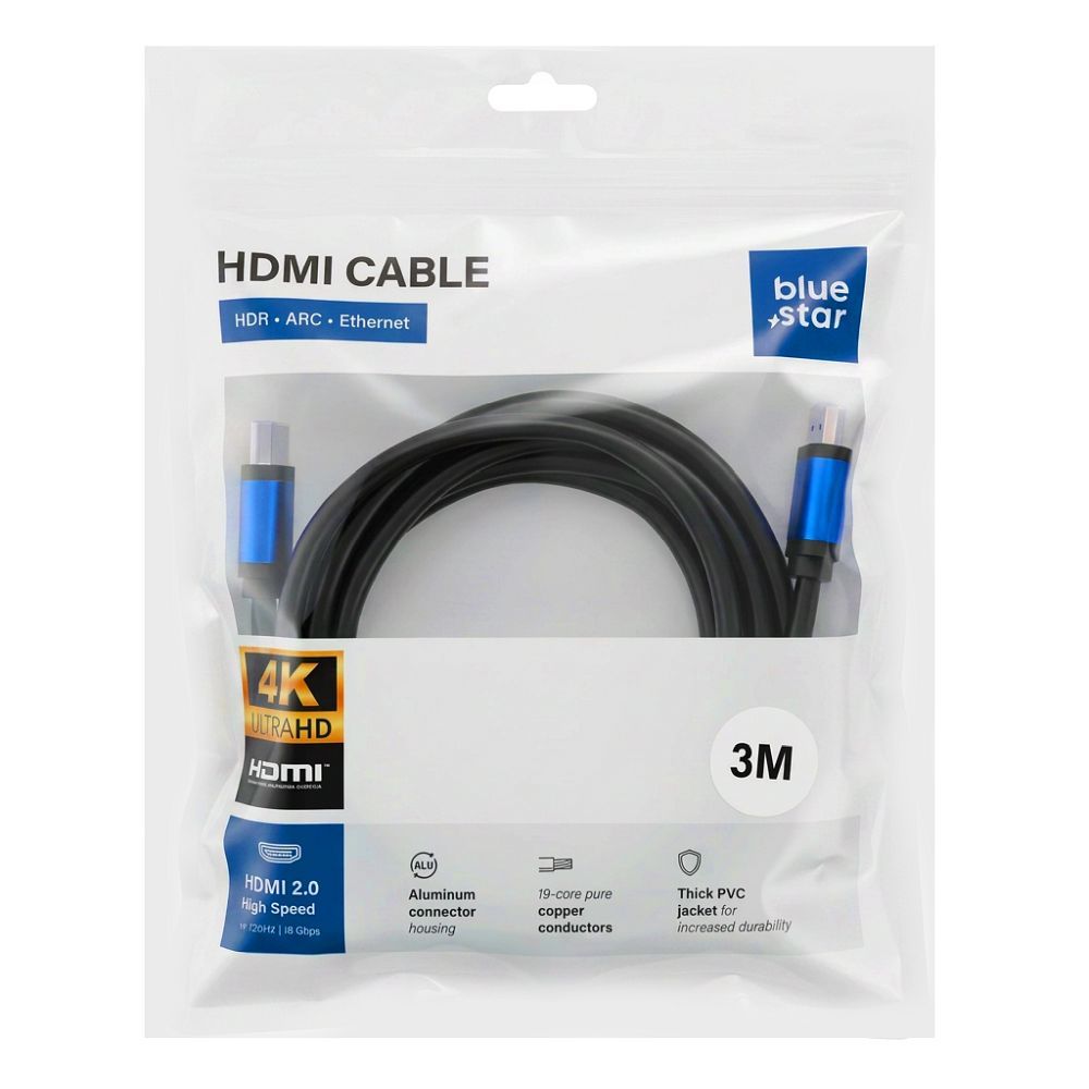 Kaapeli HDMI 2.0 Blue Star 4K 120Hz - High Speed, HDR, ARC, Ethernet, AWM, 18Gbps 1,5 m musta