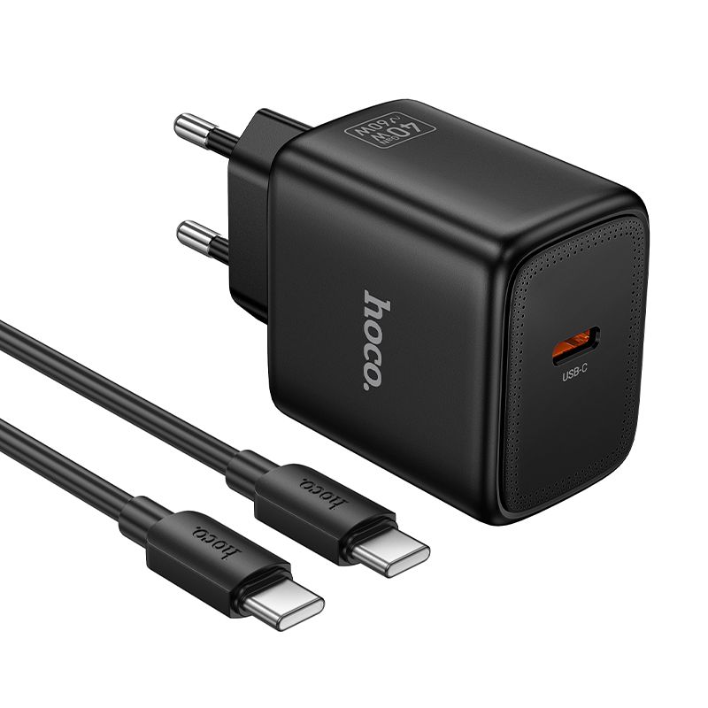Puhelimen GaN-laturi Hoco USB C PD AVS 40W max 60W ja USB C–USB C kaapeli N83 musta