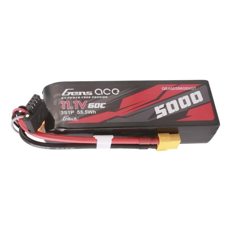 Gens Ace G-Tech 5000 mAh 11,1 V 60C 3S1P lyhyt Lipo-akku, jossa on XT60-liitin