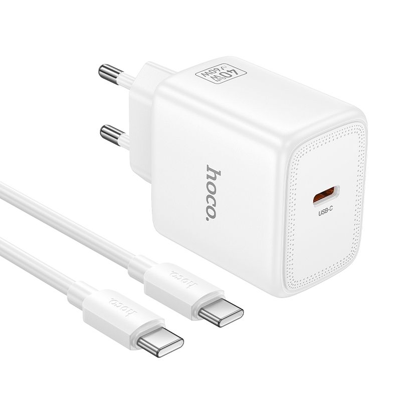 Puhelimen GaN-laturi Hoco USB C PD AVS 40W max 60W ja USB C–USB C kaapeli N83 valkoinen