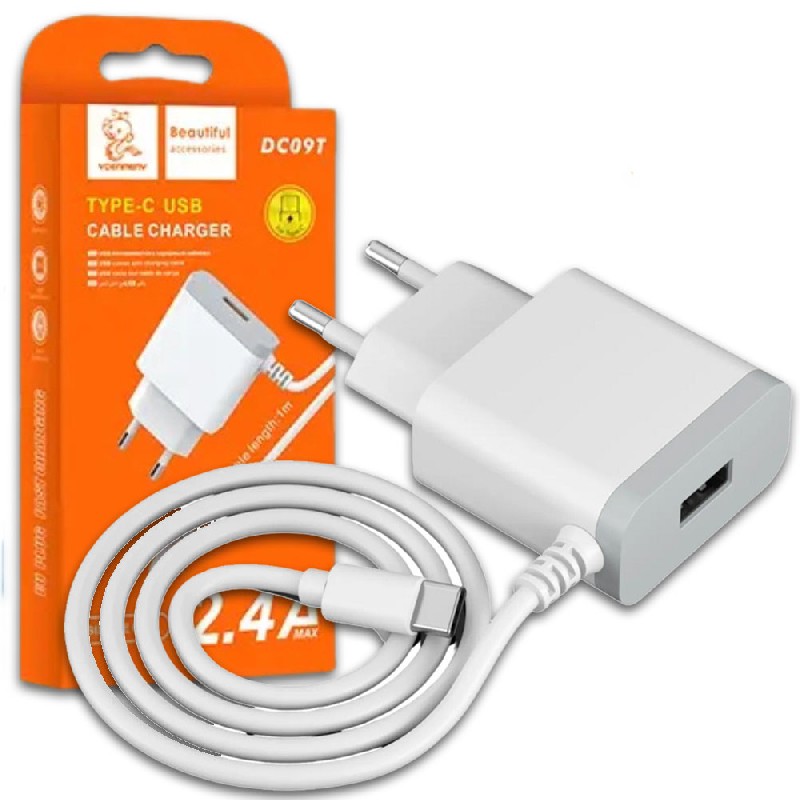 Laturi Denmen (DC09T-W) + Type-C kaapeli (1xUSB 2.4A) valkoinen
