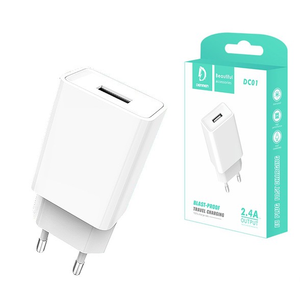 Laturi Denmen (DC01) (1xUSB 2.4A) valkoinen