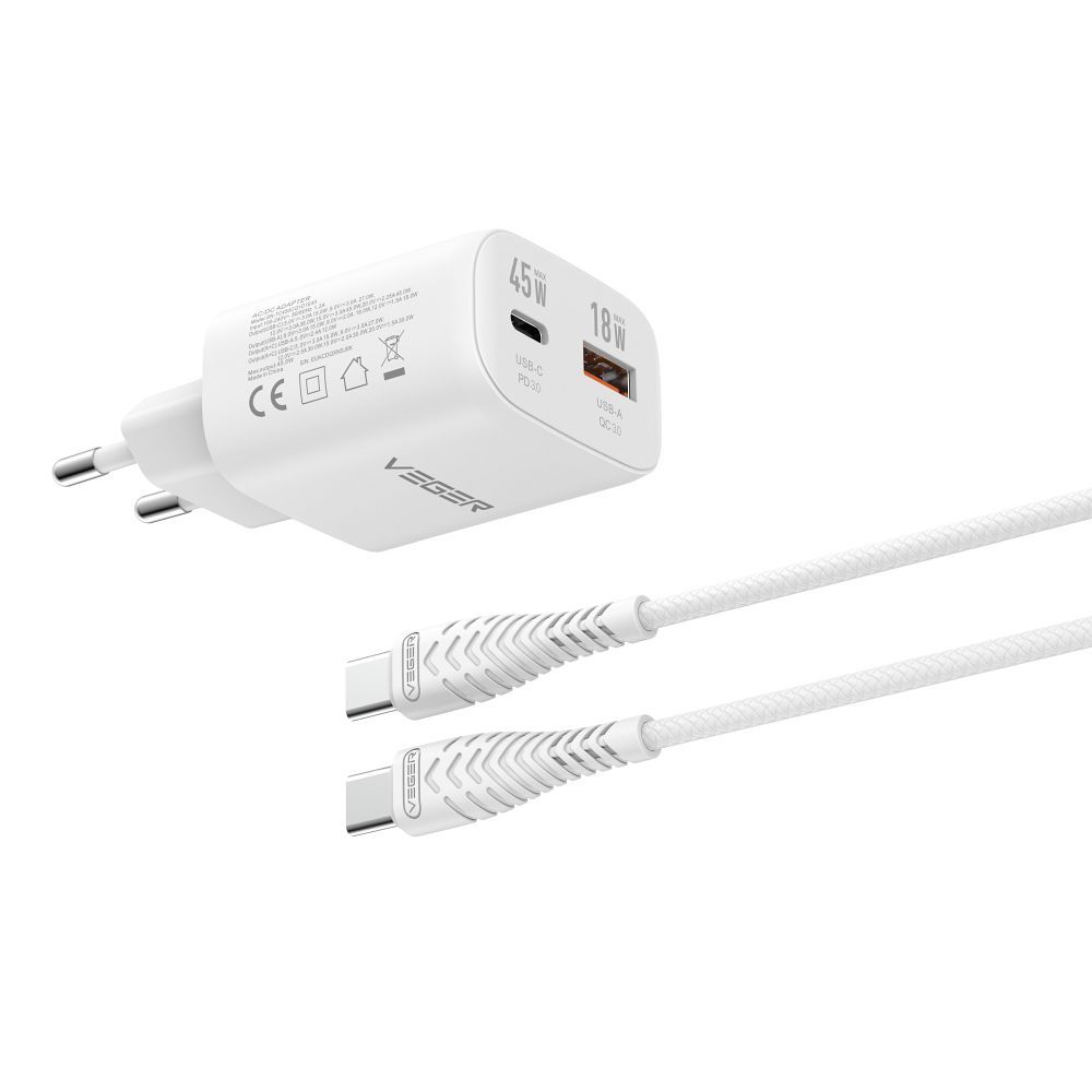 Puhelinlaturi VEGER USB A + Type C PD Super Charge PPS 45W + datakaapeli Type C C 100W TR101 valkoinen