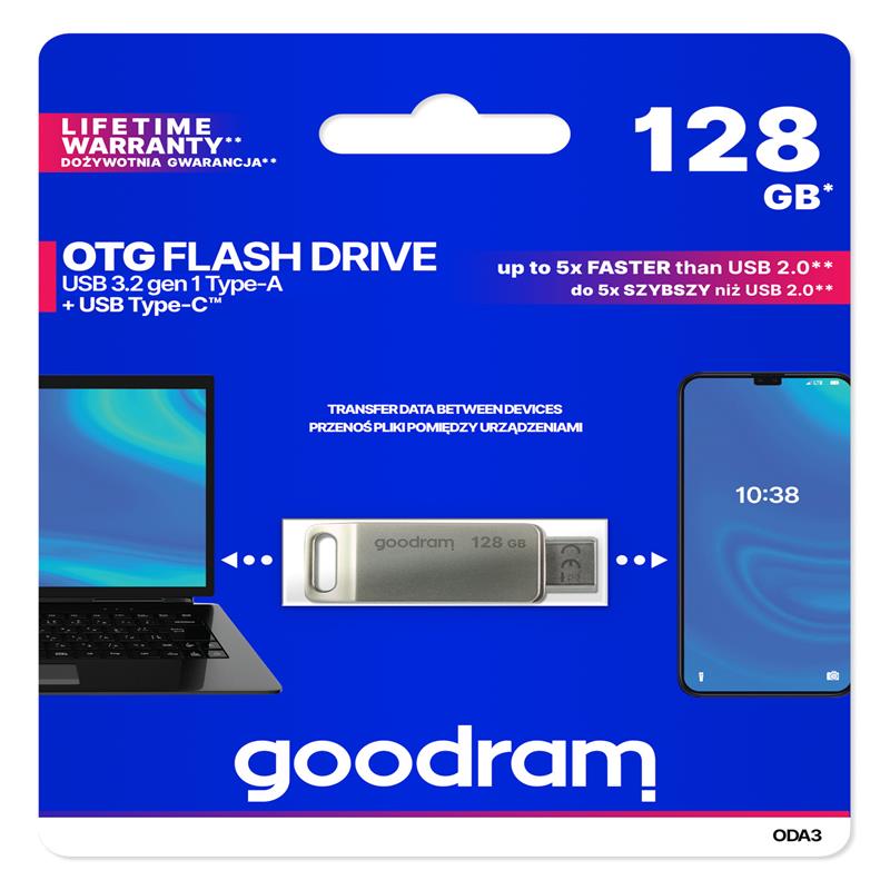 Goodram USB-muistitikku 128GB USB 3.2 ODA3 hopea TYPE-A+TYPE-C