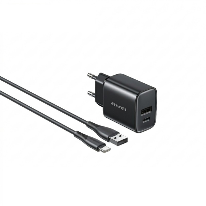 Laturi Awei PD85T-EU 22.5W USB-A/USB-C + USB-A–USB-C kaapeli 1.0m musta