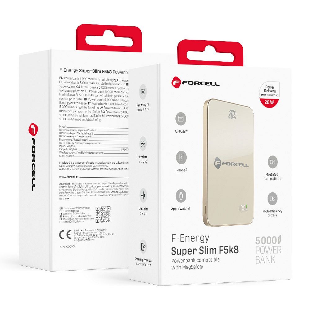 Varavirtalähde yhteensopiva MagSafen kanssa Forcell F-Energy SuperSlim F5K8 QC4.0 PD3.0 15W 5000 mAh titaaniaavikon värinen