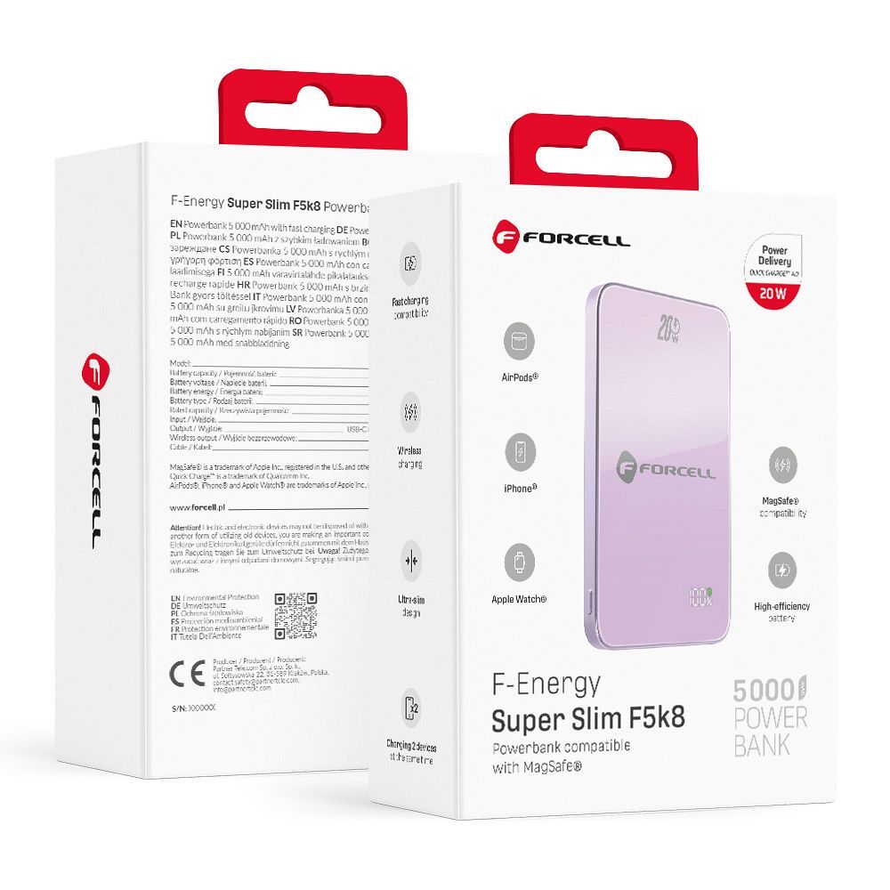 MagSafe-yhteensopiva varavirtalähde Forcell F-Energy SuperSlim F5K8 QC4.0 PD3.0 15W 5000 mAh violetti