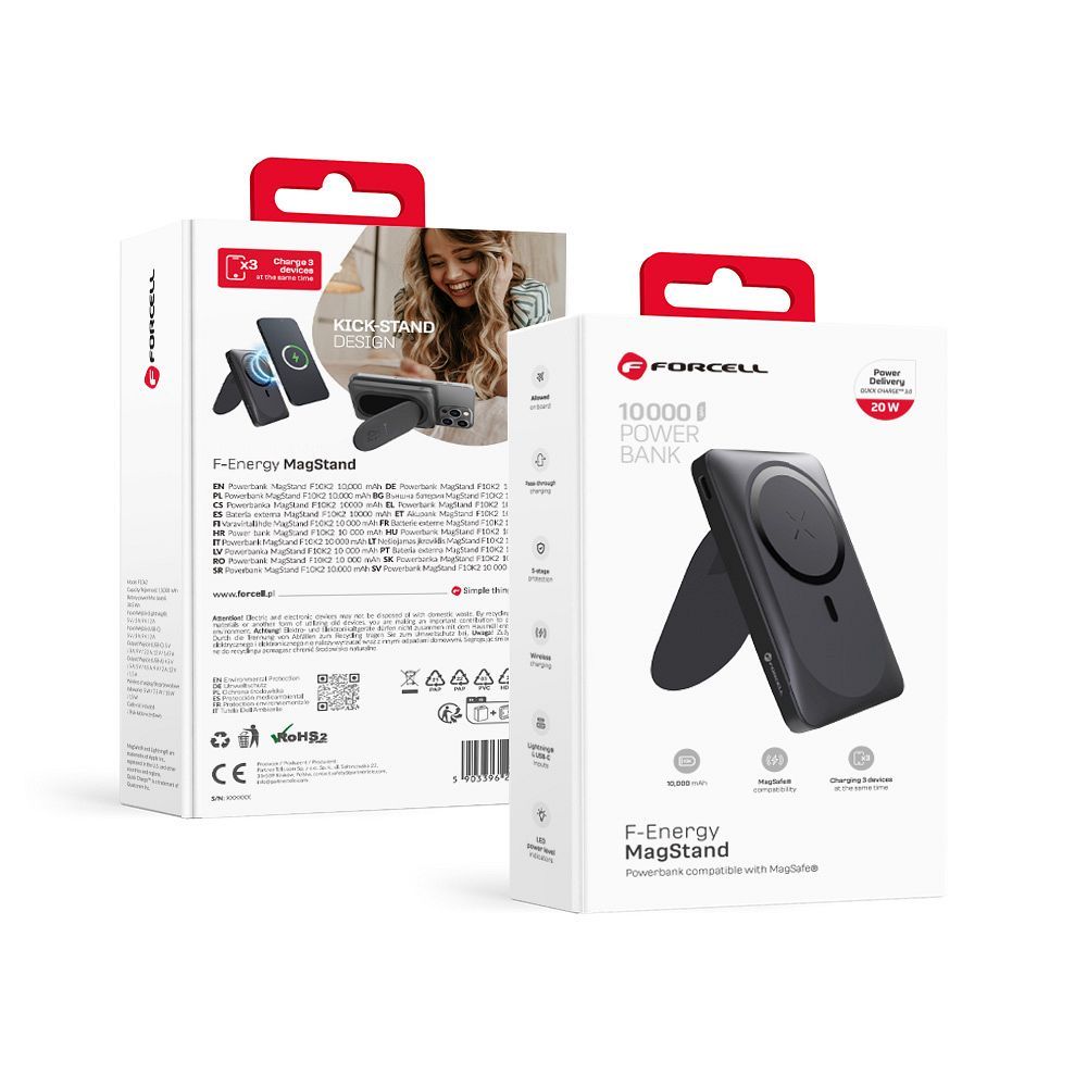 Varavirtalähde yhteensopiva MagSafen kanssa Forcell F-Energy MagStand F10K2 QC3.0 PD 5A 20W 10000 mAh musta