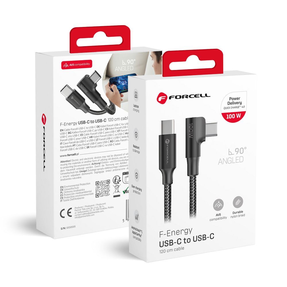 Kaapeli USB C - USB C Forcell F-Energy QC4.0 PD 5A 100W Cafule 90° 1,2 m CC-1Deg musta
