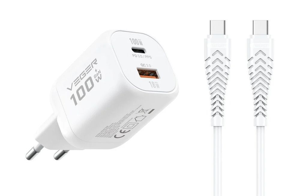 Puhelinlaturi VEGER USB A + Type C PD Super Charge PPS 100W + datakaapeli Type C C 240W TR150 valkoinen