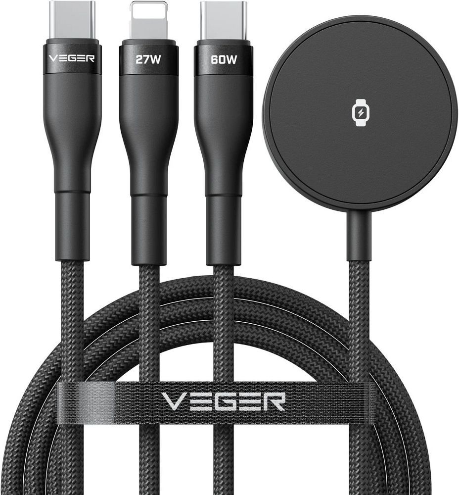 Kaapeli 3in1 USB C Lightning / Type C / iWatch / SAM Watch VEGER 3A 92W V730 1,5 m musta