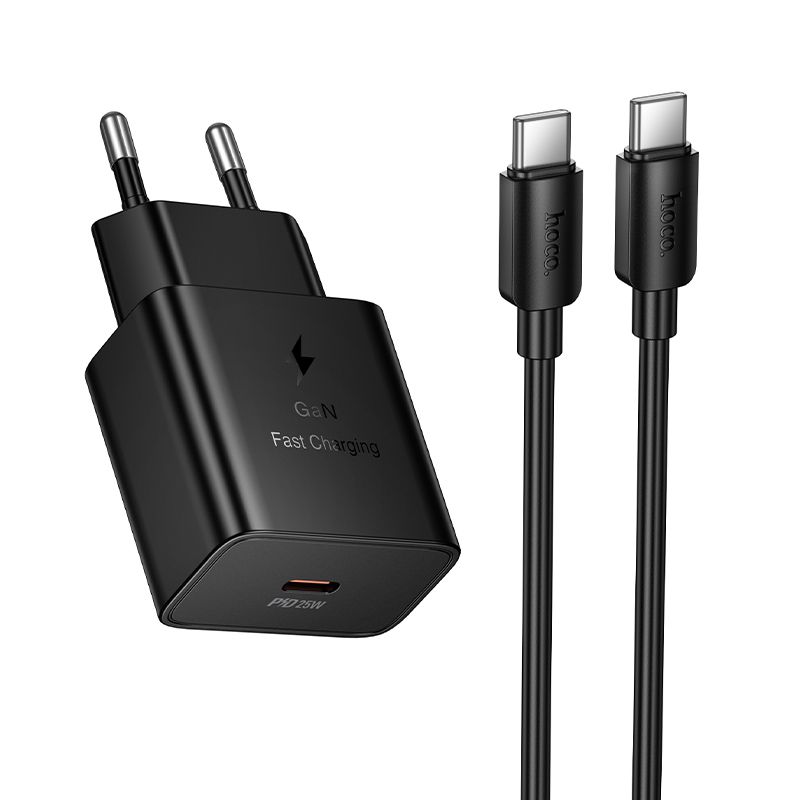 Puhelimen laturi Hoco USB C QC PD 25W + kaapeli USB C–USB C N76 musta