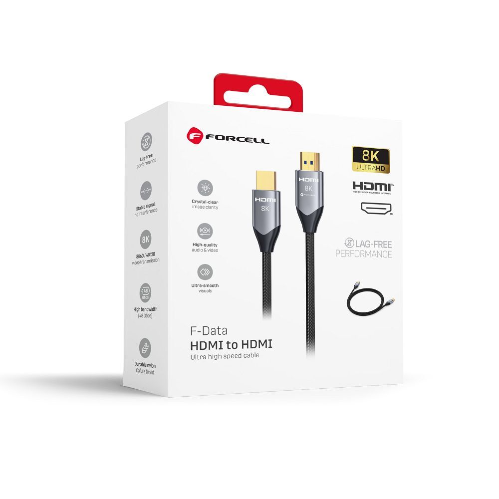 Cable HDMI 2.1 Forcell Cafule 8K 60Hz / 4K 120Hz – Ultra High Speed, HDR, eARC, VRR, 48Gbps 1 m black