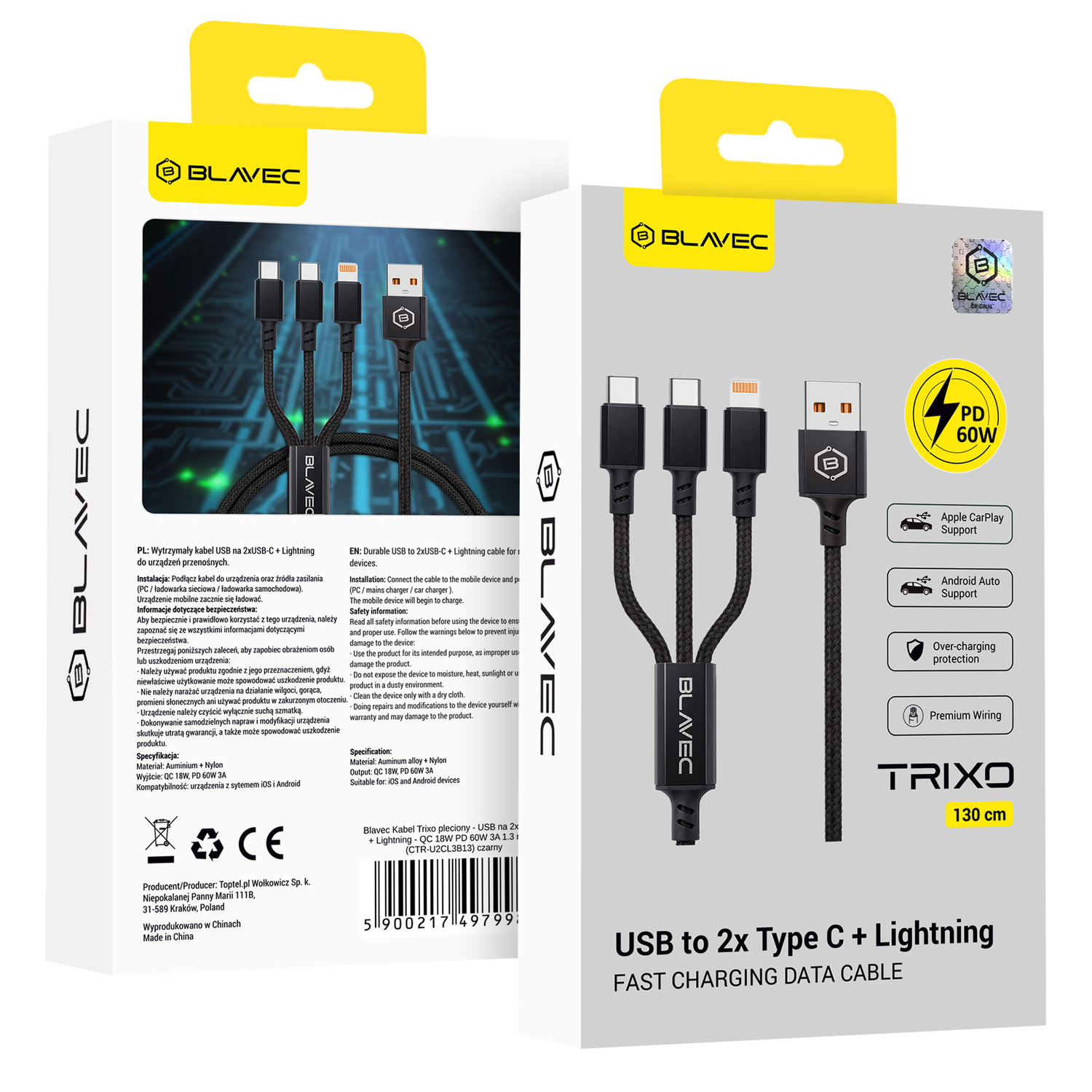 Blavec Trixo punottu kaapeli - USB - 2xType C + Lightning - QC 18W PD60W 3A 1,3 m (CTR-U2CL3B13) musta