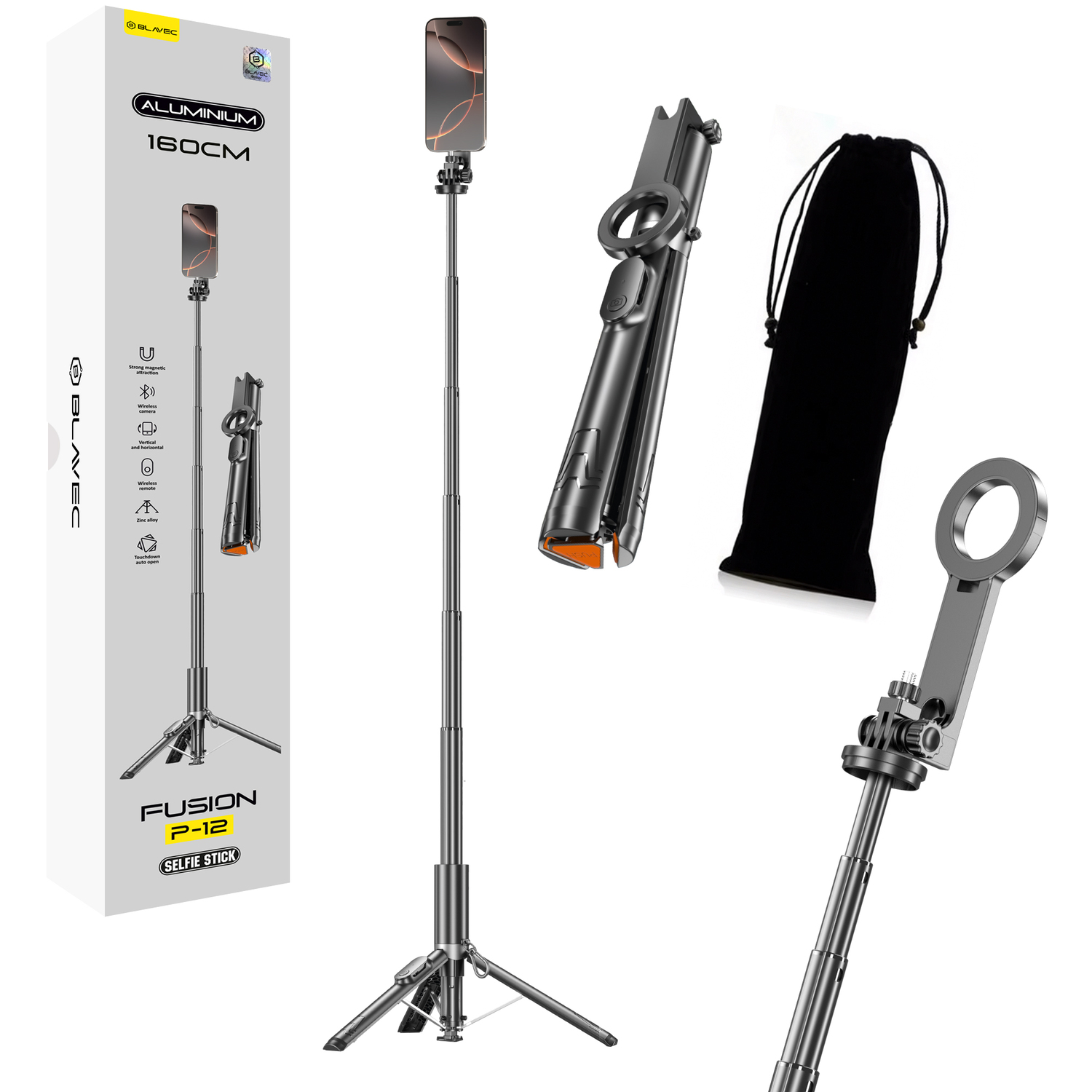 Blavec Selfie Stick Aluminium Fusion P-12 Magsafe Auto pop jalusta + kauko-ohjain 1,60 m (SSFP12-MTRAPB160) musta