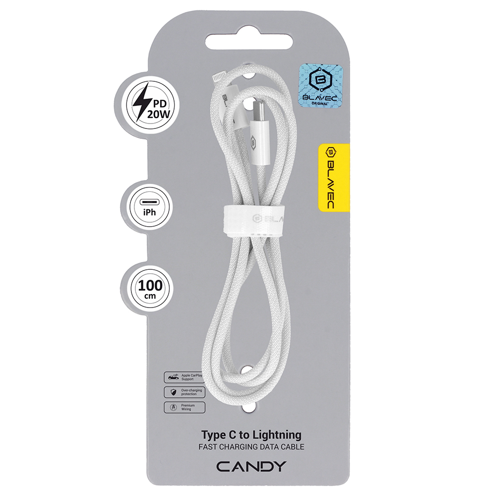 Blavec kaapeli Candy punottu - Type C - Lightning - PD 20W 2,4A 1 metri Apple CarPlay (CCA-CL24W10) valkoinen