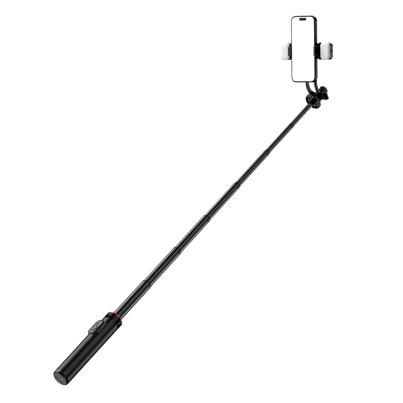 Selfiekeppi WC12YDS 1.3m alumiiniseoksinen teleskooppijalusta kaksoisvalolla ja puhelinpidikkeellä - musta