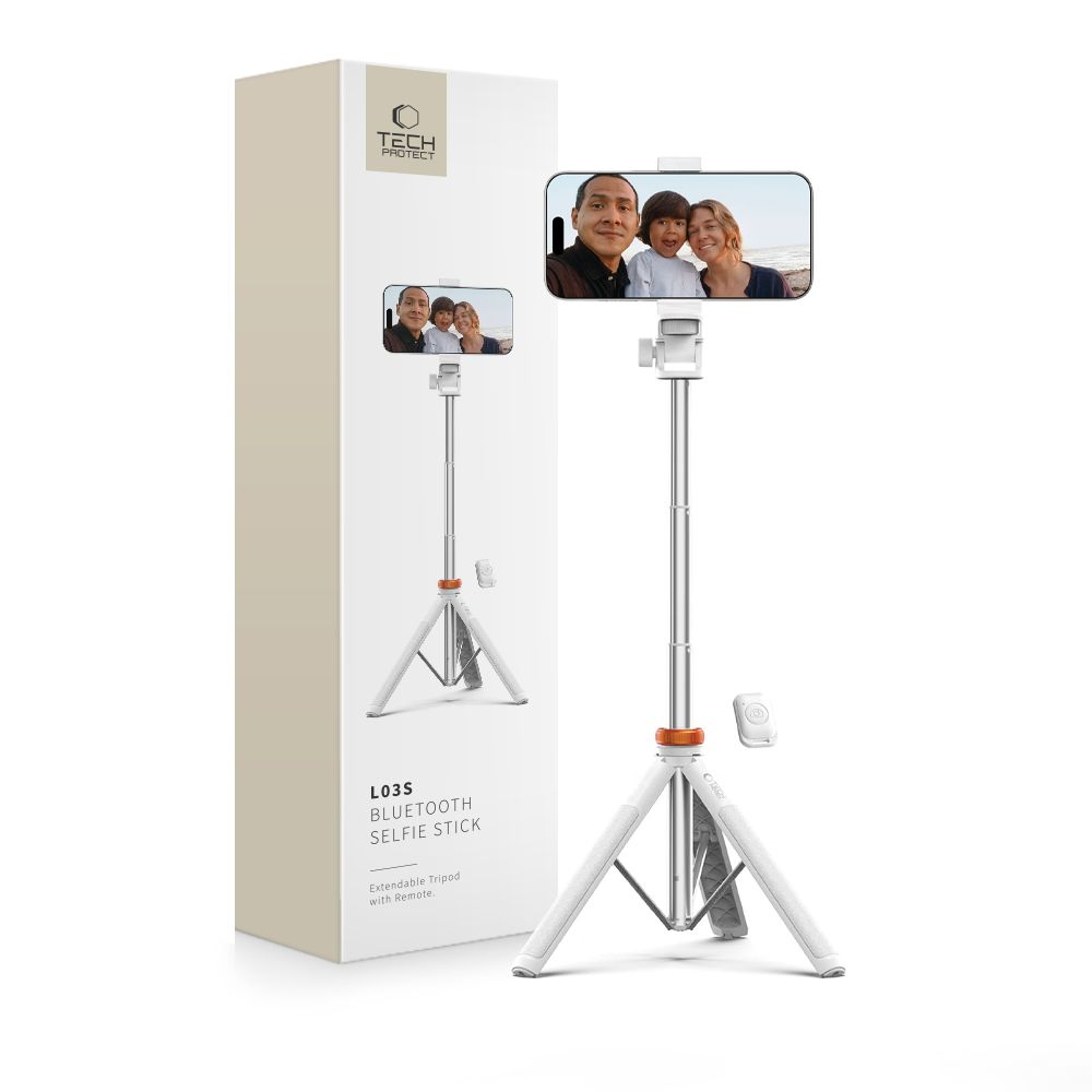 Tech-Protect L03S Bluetooth selfie stick with remote control, tripod up to 148cm and 180 head - white