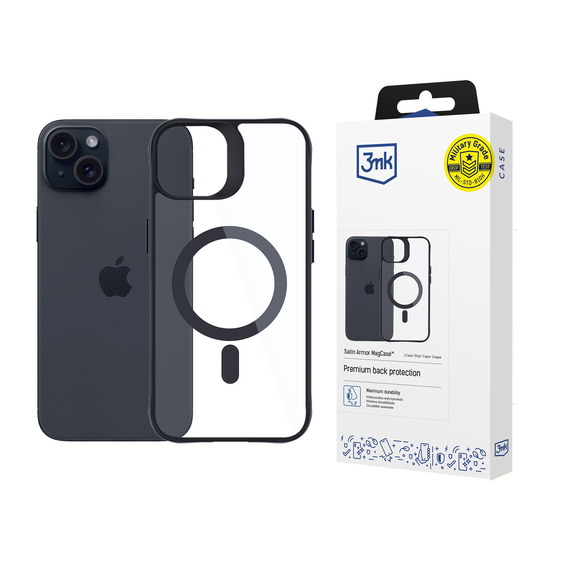 3mk Satin Armor MagCase MagSafe-tuella iPhone 15:lle - Läpinäkyvä mustalla kehyksellä