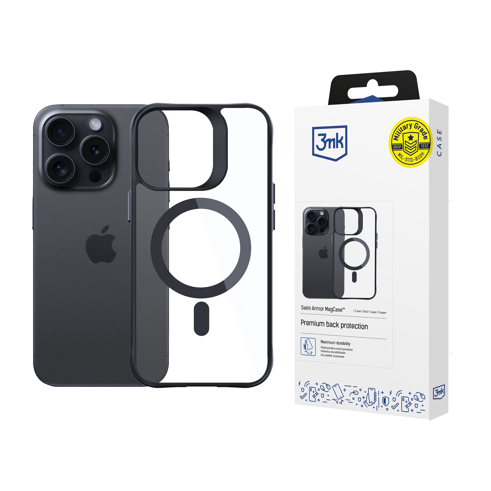 3mk Satin Armor MagCase MagSafe:lla iPhone 15 Pro Max:lle - kirkas mustalla kehyksellä