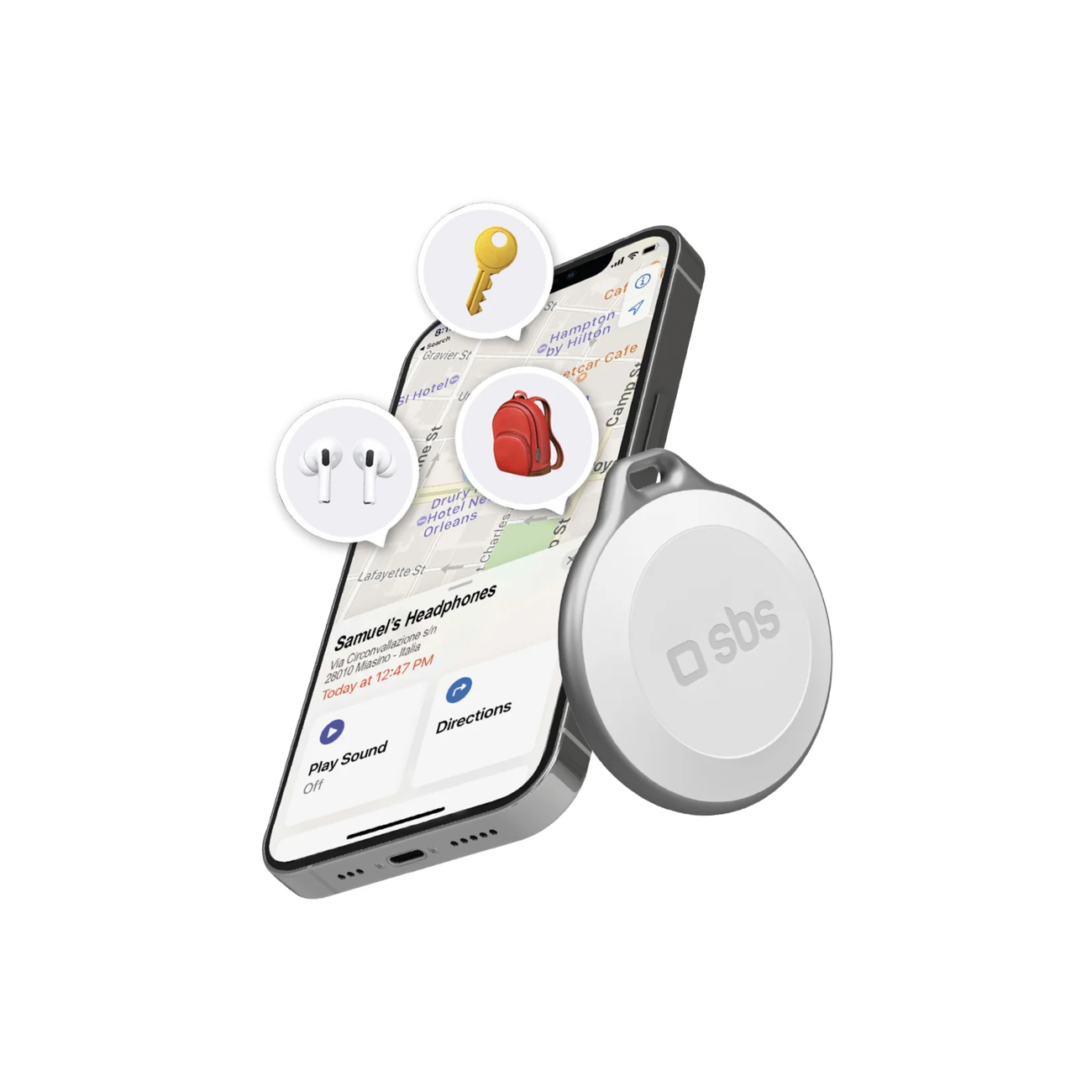 SBS Track My Circle vedenpitävä IP65-paikannin, yhteensopiva Apple Find My -palvelun kanssa - valkoinen