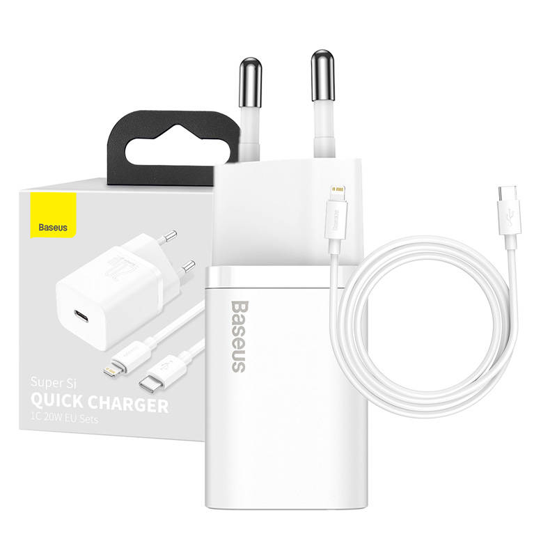 Baseus Super Si 20W USB-C laturi + USB-C - Lightning kaapeli 1m valkoinen TZCCSUP-B02