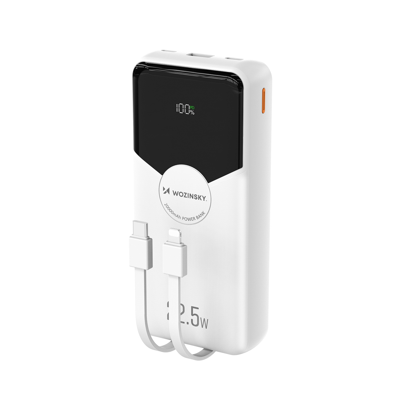 Wozinsky WFC-15W 20000mAh 22.5W PD20W varavirtalähde sisäänrakennetuilla Lightning- ja USB-C-kaapeleilla - valkoinen